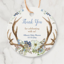 Rustiska antlars blå vit blommigt babydusch gåvor etiketter