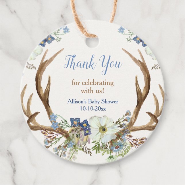 Rustiska antlars blå vit blommigt babydusch gåvor etiketter (Framsida)