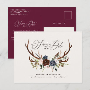 Rustiska antlers skriver marinburgundisk blommigt meddelande vykort