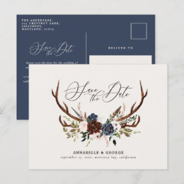 Rustiska antlers skriver marinburgundisk blommigt meddelande vykort