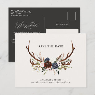 Rustiska antlers skriver marinburgundisk blommigt meddelande vykort