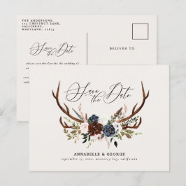 Rustiska antlers skriver marinburgundisk blommigt meddelande vykort
