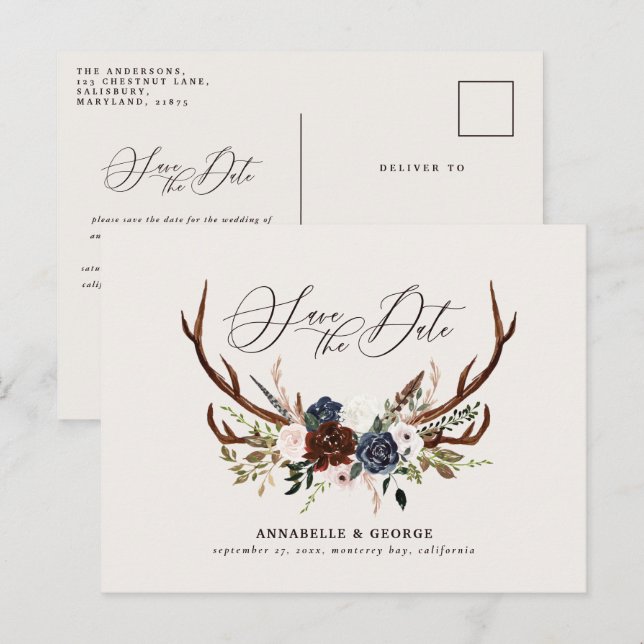 Rustiska antlers skriver marinburgundisk blommigt  meddelande vykort (Fram/baksida)