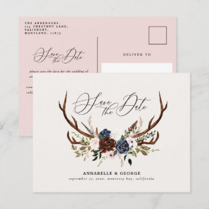 Rustiska antlers skriver marinburgundisk blommigt meddelande vykort