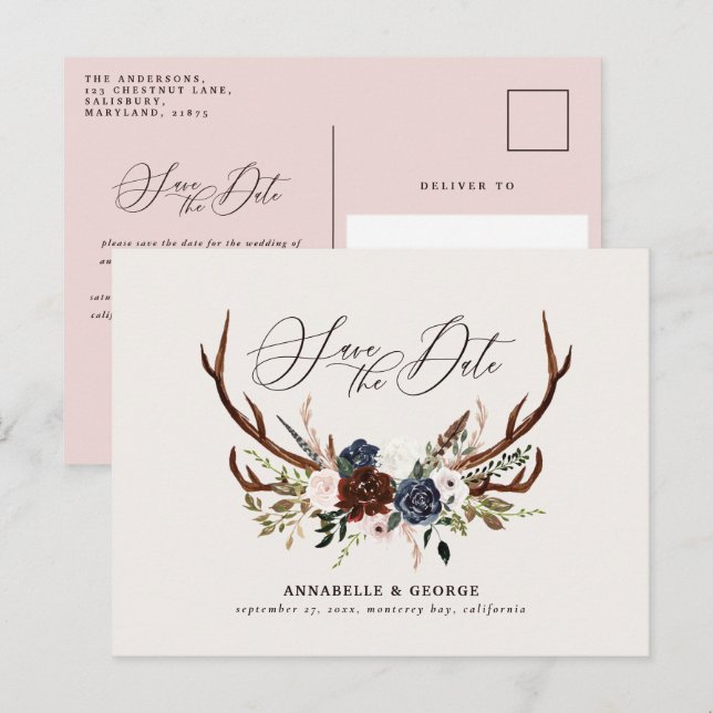 Rustiska antlers skriver marinburgundisk blommigt  meddelande vykort (Fram/baksida)