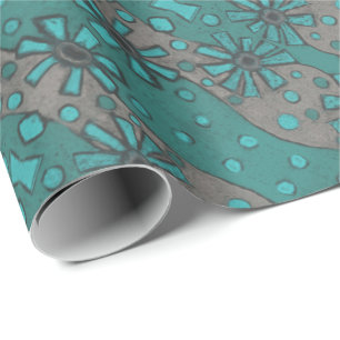 Rustiska blommor, Abstrakt Blommönster Teal Grått Presentpapper