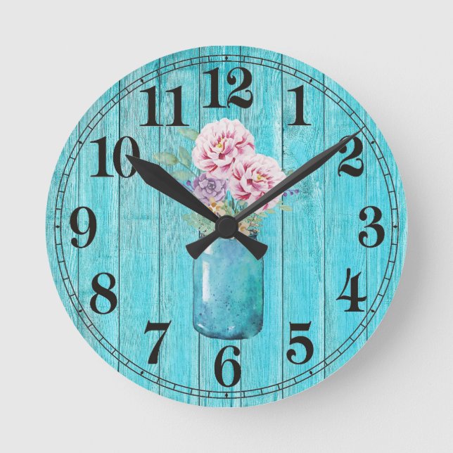 Rustiska blommor i Mason Round Wall Clock Rund Klocka (Framsida)