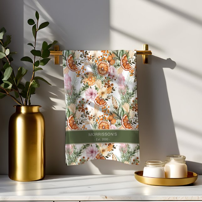 Rustiska bohemiska botaniska vintercitrusfrukter J Kökshandduk (Rustic bohemian botanical winter citrus practical Christmas gifts personalized Kitchen Towel)