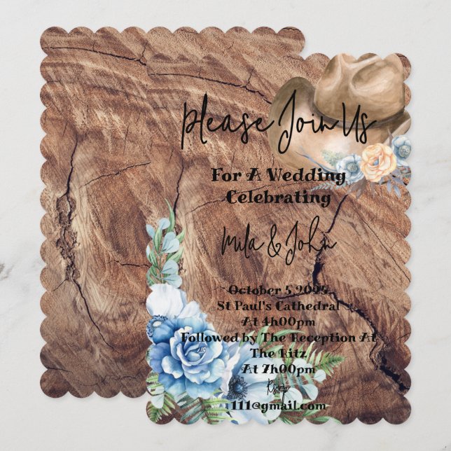 RUSTISKA BOOTS COWBOY WEDDING INVITATION CARD INBJUDNINGAR (Fram/baksida)