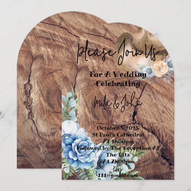 RUSTISKA BOOTS COWBOY WEDDING INVITATION CARD INBJUDNINGAR (Fram/baksida)