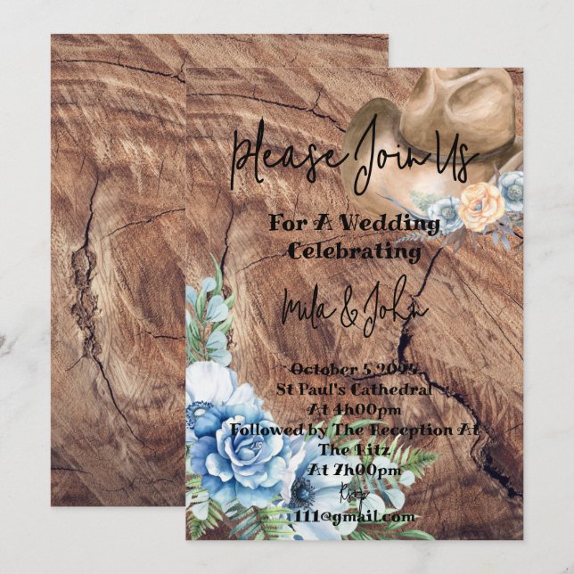 RUSTISKA BOOTS COWBOY WEDDING INVITATION CARD INBJUDNINGAR (Fram/baksida)