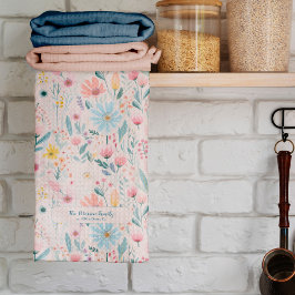 Rustiska botaniska vattenfärgblommor, namn kökshandduk