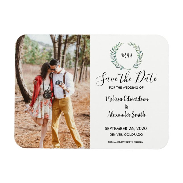 Rustiska botaniska vattenfärgsfoto löv monogram fo magnet (Horisontell)