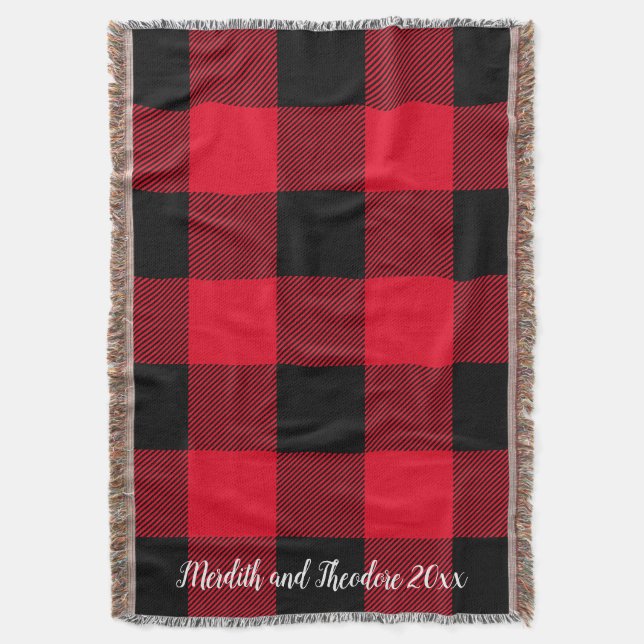 Rustiska Buffalo Plaid Red Black Monogram Namn Filt (Framsidan Vertikal)