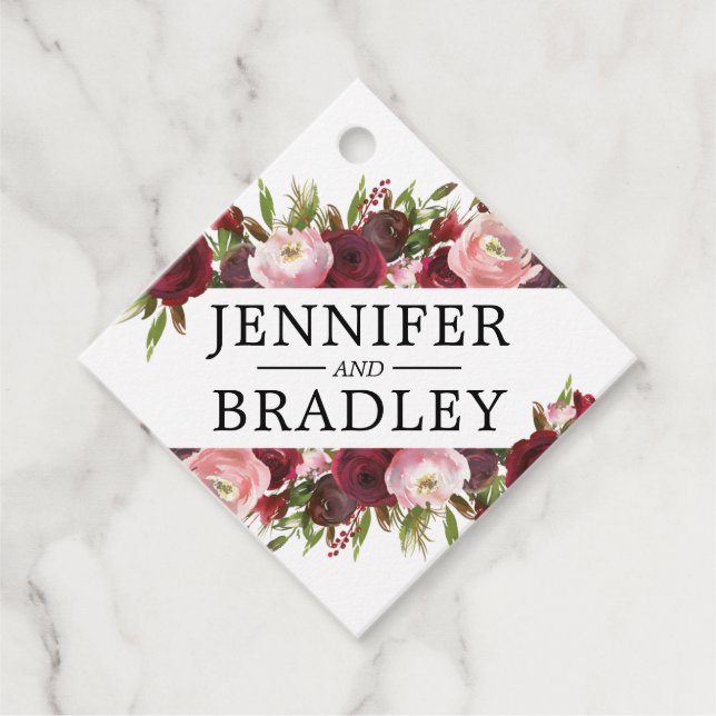 Rustiska  Burgundy Flowers Bröllop Gåvor Etiketter (Framsida)