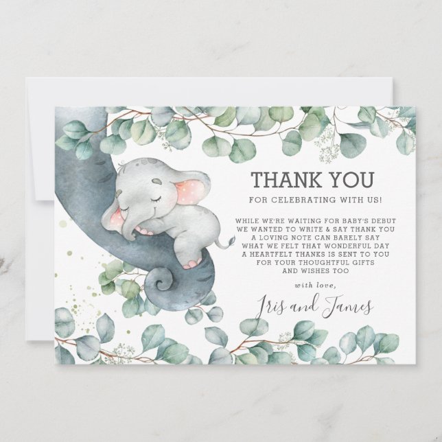 Rustiska Chicen Greenery Elephant Baby Shower Girl Tack Kort (Framsida)