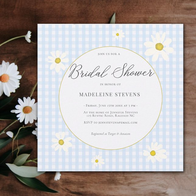 Rustiska Daisy Baby blue Gingham-Möhippa Inbjudningar (rustic daisies blue gingham bridal shower invitation backyard boho elegant garden modern simple)