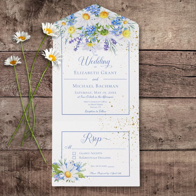Rustiska Daisy och blå Blommigt Bouquet-nr middag (Rustic Daisies & Blue Floral Bouquet All In One Wedding Invitation without Dinner Options)