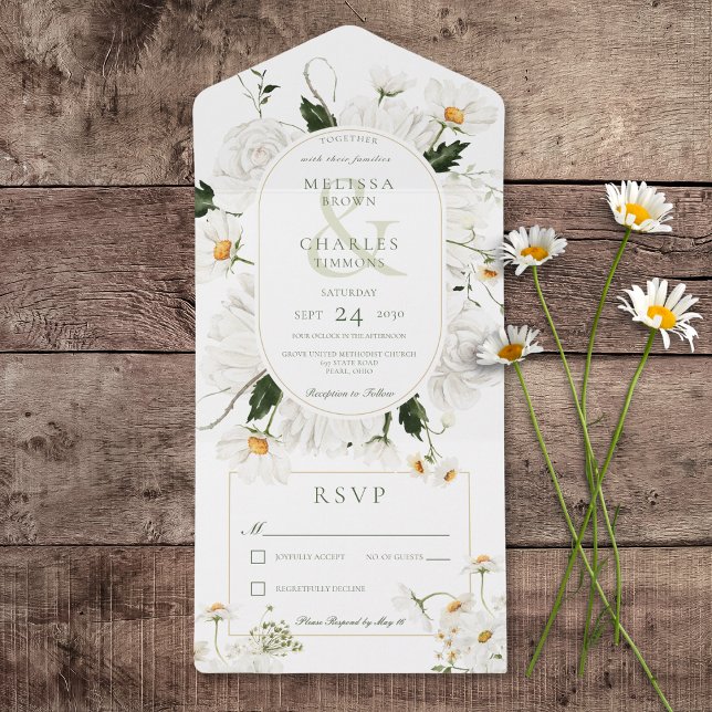 Rustiska Daisy och vita blommor, ingen middag (Rustic Daisies & White Flowers All In One Wedding Invitation without Dinner Options)