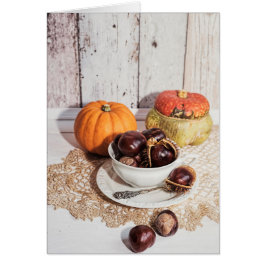 Rustiska fallkastanjor och pumpor från säsong hälsningskort