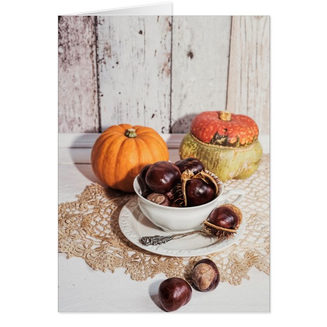 Rustiska fallkastanjor och pumpor från säsong hälsningskort (Framsidan)
