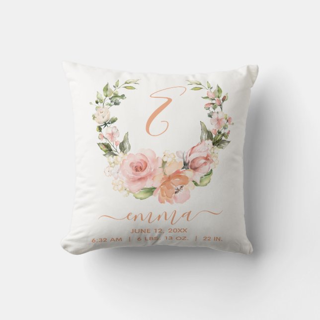 Rustiska födelsetal Peach Coral Ro Blommigt Utandn Kudde (Framsida)