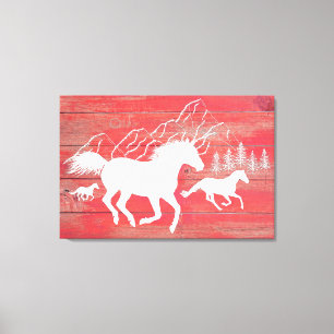 Rustiska Galloping Horses Red Barn Wood Silhouette Canvastryck