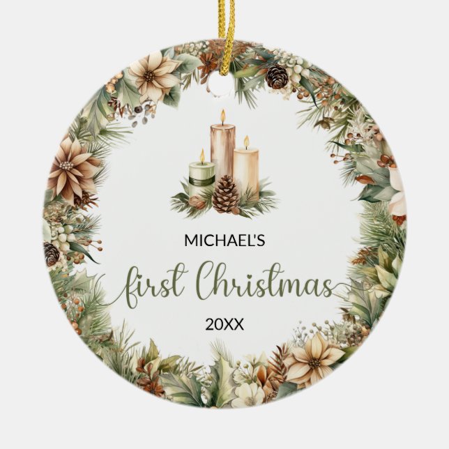 Rustiska gröntar och beige julljus julgransprydnad keramik (Framsidan)