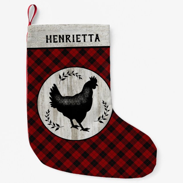 Rustiska jordbrukshuset Chicken Hen Buffalo Plaid  Liten Julstrumpa (Framsidan)