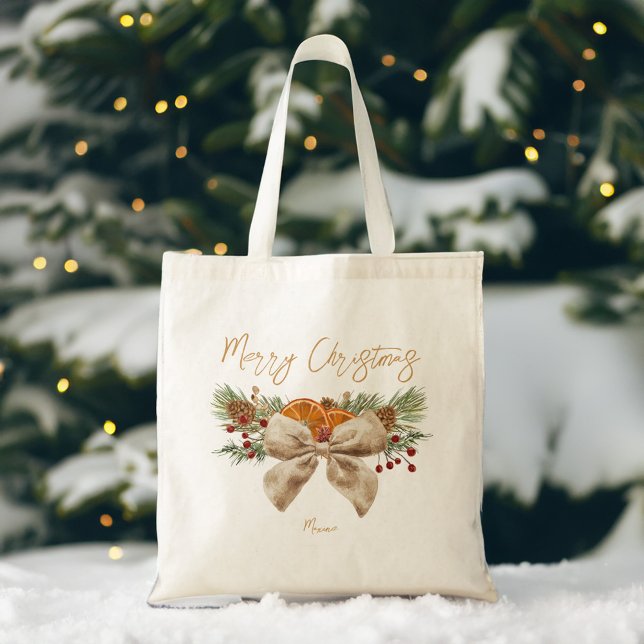 Rustiska julklappar gräs coquette-bubär tygkasse (Rustic Christmas gifts for her personalized Tote Bag pines bow winter berries tote bag)
