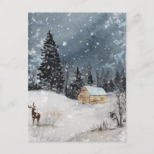 Rustiska julvinter Nattskö Snö Cabin Hjort Helg Vykort
