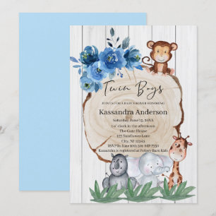 Rustiska jungle Animal Blue Blommigt Twillingar Ba Inbjudningar