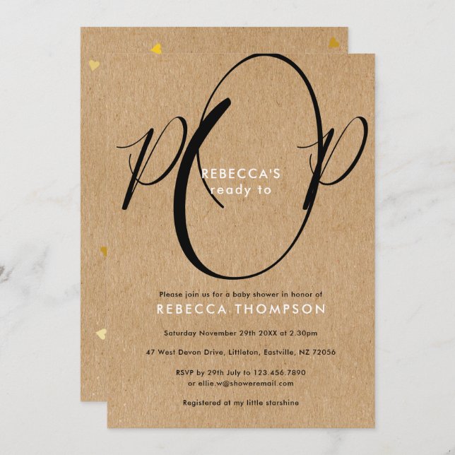 Rustiska könsknappar för neutrala spädbarn inbjudningar (Fram/baksida)