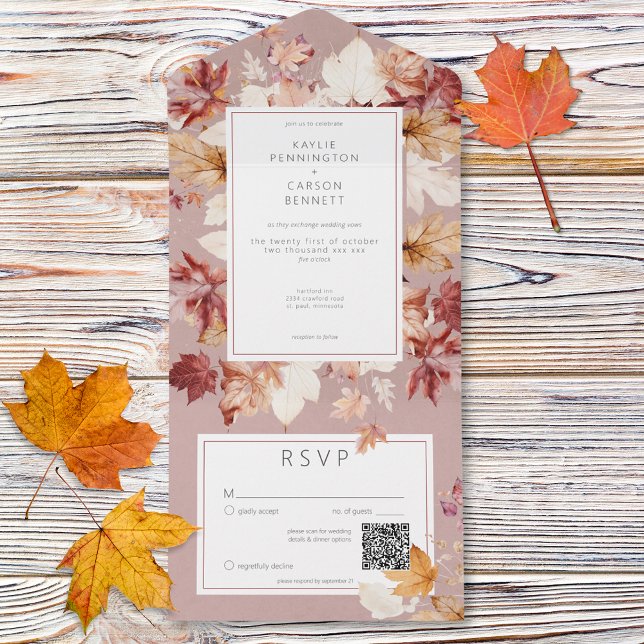 Rustiska krans av Höst löv Burgundy QR- kod (Rustic Wreath of Fall Leaves Burgundy QR Code All In One Invitation)