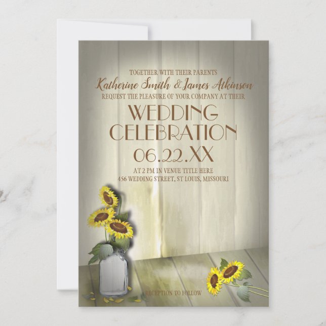 RUSTISKA LAND MASON BURK MED SUNFLÖDEN INBJUDNINGAR (Framsida)