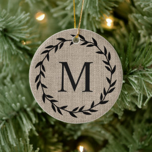 Rustiska lantbrukare Stil Burlap Helgdag Monogramm Julgransprydnad Keramik