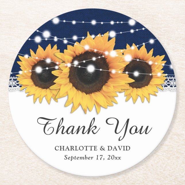 Rustiska marinsolrosrundan Bröllop vid blå kolv Underlägg Papper Rund (Framsidan)