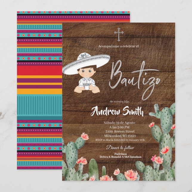 Rustiska mexikanska Silver Charro Boy Bautizo Inbjudningar (Fram/baksida)