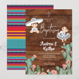 Rustiska mexikanska Silver-charro Twin Baptism Boy Inbjudningar