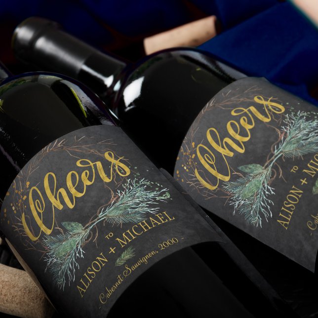 Rustiska, moderna vinterschalkboard-tuggare bröllo vinflaska etikett (Skapare uppladdad)