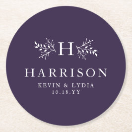 Rustiska monogram plommon lila faller vinterbröllo underlägg papper rund