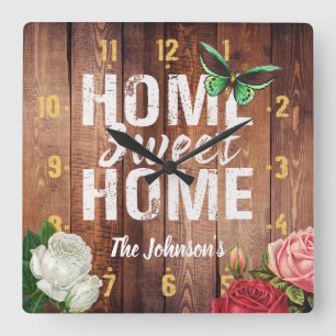 Rustiska mörkar av trä av typen "Home Sweet Home Fyrkantig Klocka