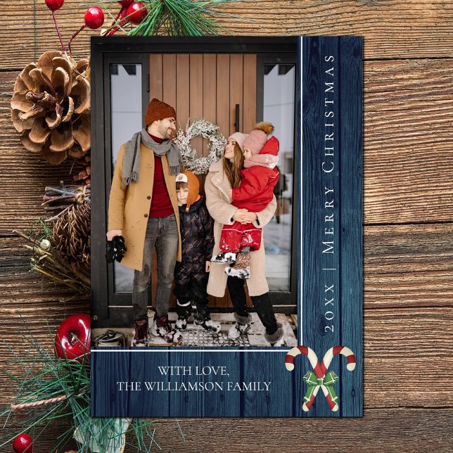 Rustiska Polkagrisar jul | Blått fotokort Julkort (Blue Rustic Candy Canes Christmas Photo Card)