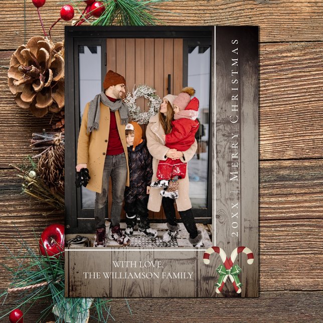 Rustiska Polkagrisar jul | Brun fotokort Julkort (Brown Rustic Candy Canes Christmas Photo Card)