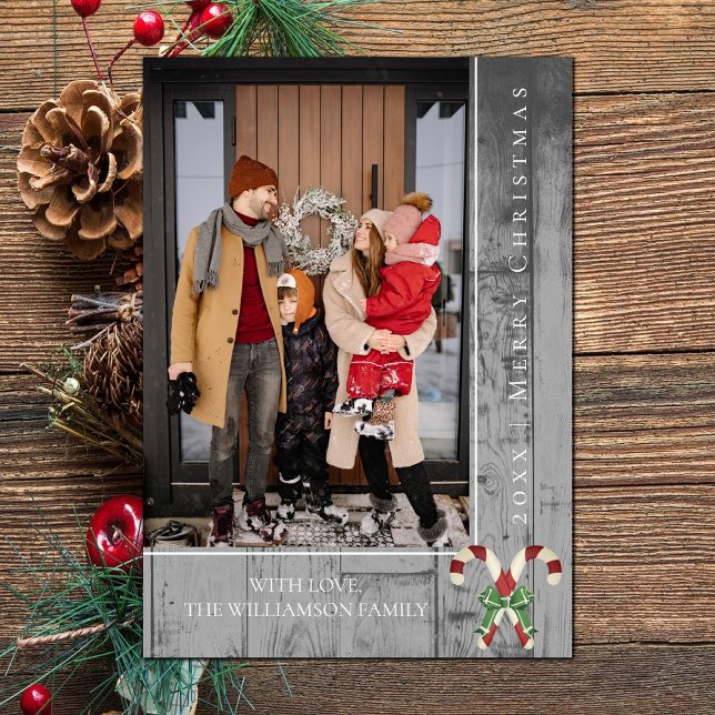 Rustiska Polkagrisar jul | Grått-fotokort Julkort (Gray Rustic Candy Canes Christmas Photo Card)