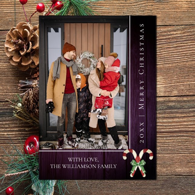 Rustiska Polkagrisar jul | Lila-fotokort Julkort (Purple Rustic Candy Canes Christmas Photo Card)