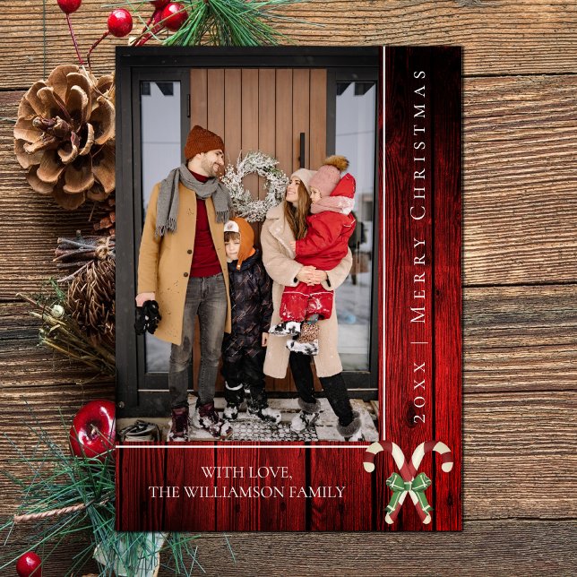 Rustiska Polkagrisar jul | Röd Julkort (Red Rustic Candy Canes Christmas Photo Card)