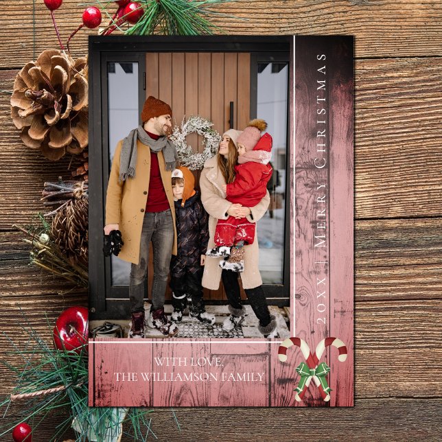 Rustiska Polkagrisar jul | ROSA Julkort (Pink Rustic Candy Canes Christmas Photo Card)