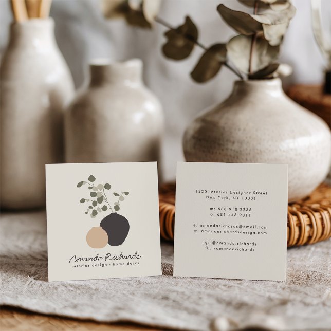 Rustiska potteridekorväxter boho-grädde insida fyrkantigt visitkort (Rustic pottery decor plants boho cream interiors)