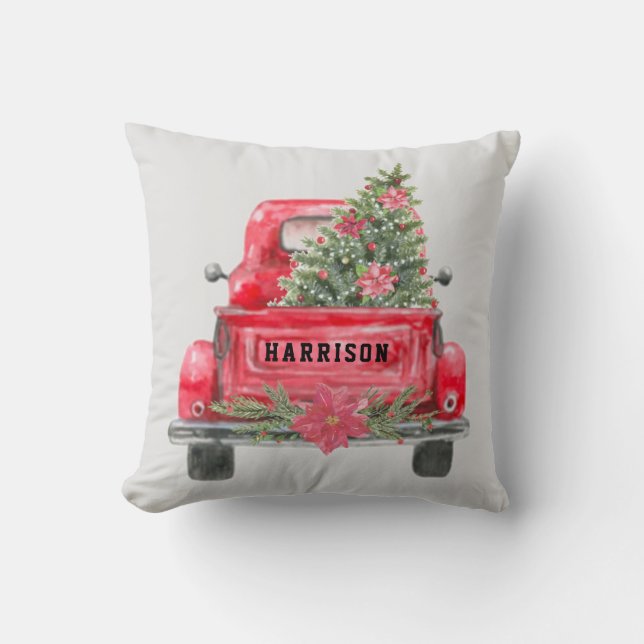 Rustiska Röda Lastbil-familjen Namn jul Gräs Träd Kudde (Framsida)